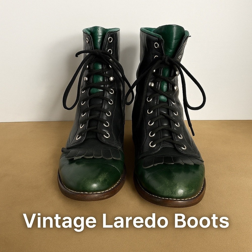 Vintage Laredo‎ Women's Lace-Up Leather Boots 6M Black Green Kiltie Fringe USA